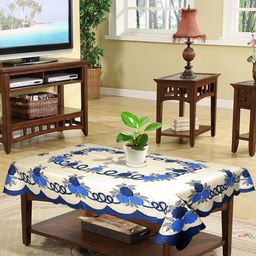 Kuber Industries Cream & Blue Floral Printed 4 Seater Cotton Table Cover-4