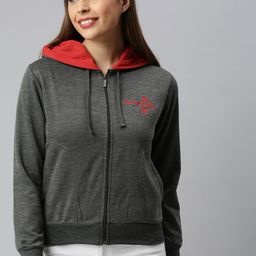 ADBUCKS Women Charcoal Grey Solid Hooded Sweatshirt-picture-2