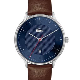 Lacoste Men Blue Brass Patterned Dial & Brown Leather Straps Analogue Watch 2011137-17