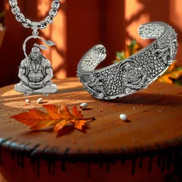 Stylewell Sliver-Plated 5 Mukhi Hanuman Face Kada Bracelet & Sitting Hanuman Pendant-picture-5