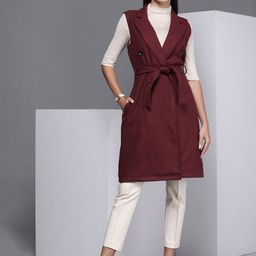 Kenneth Cole Stride Women Maroon Solid Sleeveless Wrap Coat With A Belt-image-44