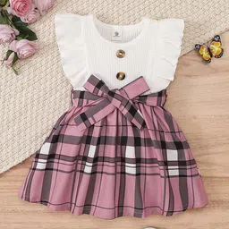 BAESD Girls Checked Flutter Sleeve Ruffled Cotton Fit & Flare Knee Length Dress-53