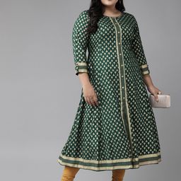 YASH GALLERY Women Plus Size Green & Golden Printed Anarkali Kurta-image-82