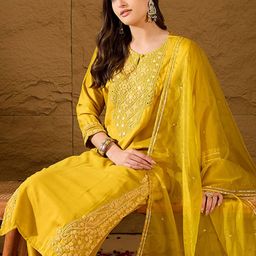 House of Pataudi Embroidered Keyhole Neck Thread Work Straight Kurta & Trouser And Dupatta-image-16
