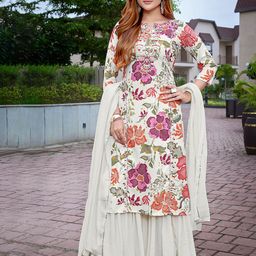 DIVASTRI Women Floral Embroidered Regular Thread Work Kurta with Sharara & With Dupatta-picture-2