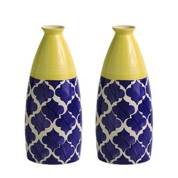 ExclusiveLane Blue & Yellow Set Of 2 Geometric Patterned Big Neck Ceramic Vases-20