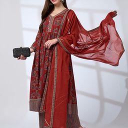 Globus Ethnic Print Mirror Work A-Line Kurta With Pants & Gotta Lace Dupatta Workwear Set-24