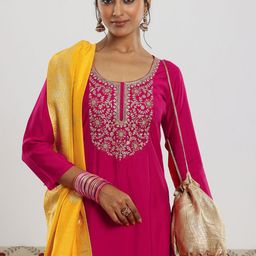 Libas Floral Embroidered Sequinned Scoop Neck Straight Kurta with Trousers & Dupatta-picture-5