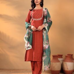 Varanga Maroon Floral Yoke Design Thread Work Straight Kurta With Trousers & Dupatta-picture-44