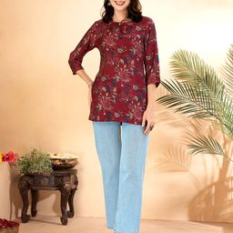 Anouk Maroon Floral Printed  Thread Work A-Line Short Kurta-picture-15