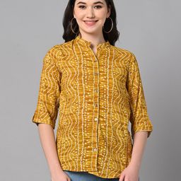 Vastraa Fusion Bandhani Printed Mandarin Collar Shirt Style Top-image-49