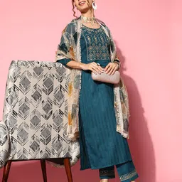 SheWill Women Teal Floral Embroidered Sequinned Kurta with Trousers & With Dupatta-18