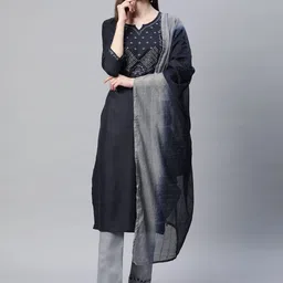 SheWill Women Navy Blue Floral Embroidered Mirror Work Kurta with Trousers & With Dupatta-picture-9