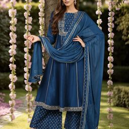 AHIKA Teal Ethnic Motifs Embroidered Gotta Patti Kurta With Palazzos & Dupatta-picture-42
