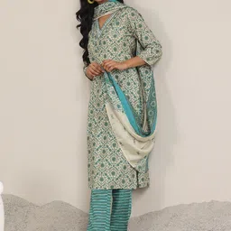 Libas Floral Printed V-Neck Thread Work Straight Kurta With Trousers & Dupatta-7