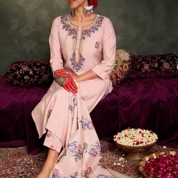 Indo Era Floral Embroidered Thread Work Straight Kurta With Trousers And Dupatta-image-61