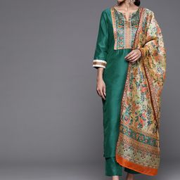 Varanga Women Green Ethnic Motifs Yoke Design Kurta with Trousers & With Dupatta-image-22