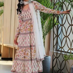Libas Floral Printed Tiered Mirror Work Anarkali Kurta With Trousers And Dupatta-image-95