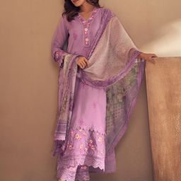 Indo Era Lavender Floral Embroidered Thread Work Kurta with Trousers & Dupatta-picture-12