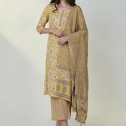 showoff SHOWOFFFloral Printed Thread Work Straight Kurta With Trouser & Dupatta-picture-45