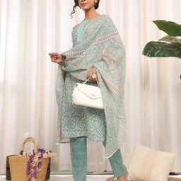Varanga Blue Floral Printed Round Neck Gotta Patti Kurta With Trousers & Dupatta-45