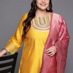 Varanga Women Ethnic Motifs Yoke Design Sequinned Plus Size Kurta with Palazzos & Dupatta-image-92