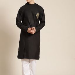 SOJANYA Men Black Pure Cotton Thread Work Detail Kurta with Churidar-picture-9