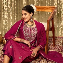 Indo Era Ethnic Motifs Embroidered Zari Straight Kurta With Trousers & Dupatta-image-68