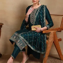 AHIKA Women Floral Embroidered Regular Sequinned Kurta with Trousers & With Dupatta-picture-34