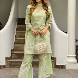 Lavanya The Label Women Green Embroidered Cotton Kurta with Trousers & With Dupatta-image-4