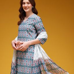 HERE&NOW Floral Printed Regular Cotton Kurta with Trousers & With Dupatta-36