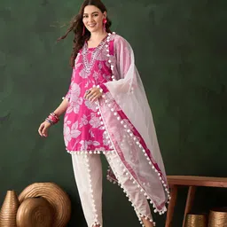 Sangria Pink Floral Printed Mirror Work Straight Kurti With Dhoti Pants & Dupatta-42