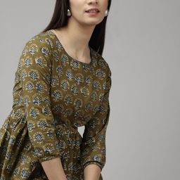 Indo Era Women Green & Blue Ethnic Motifs Printed Kurti with Front Slit-image-87