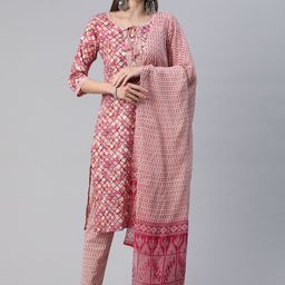 Readiprint Fashions Women Checked Beaded Pure Cotton Kurta with Trousers & With Dupatta-picture-31