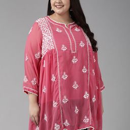 ADA Plus Size Pink Embroidered Chikankari Poly Georgette Kurti With Slip-11