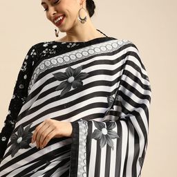 Anouk Black & White Satin Striped Saree-picture-8