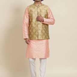 SOJANYA Men Peach-Coloured Floral Kurta with Pyjamas & Nehru Jacket-4
