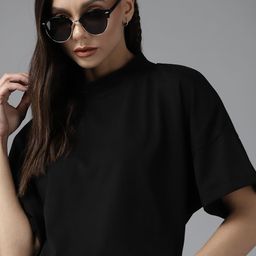 Roadster Women Black High Neck Drop-Shoulder Sleeves Boxy T-shirt-image-125