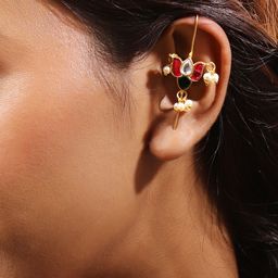 Rubans 22K Gold-Plated Ruby Pink & White Kundan Lotus Design Ear Cuff with Pearl Beads-image-93