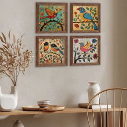Art Street Gold-Toned & Green 4 Pieces Colorful Birds Wooden Wall Art-58