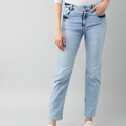 DOLCE CRUDO Women Blue Wide Leg Stretchable High-Rise Heavy Fade Jeans-picture-1