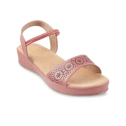 Mochi Peach-Coloured Textured Wedge Sandals with Laser Cuts-14