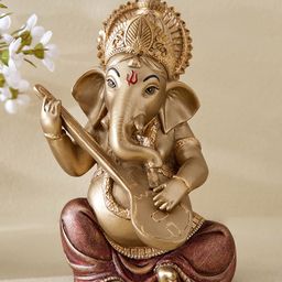 Home Centre Corsica Tranquil Goldtoned Sitting Ganesha with Sitar Religious Idol Showpiece-45