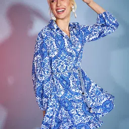 SASSAFRAS Blue Ethnic Motifs Printed Flared Mini Fit & Flare Dress-picture-46