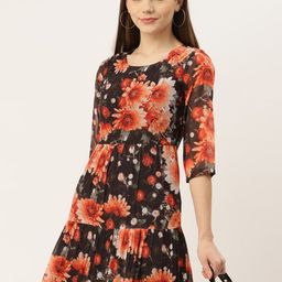 DressBerry Black Floral Printed Tiered Georgette Fit & Flare Midi Dress-image-43