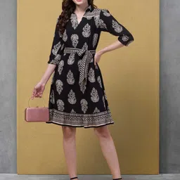 BAESD Ethnic Motifs Print Regular sleeves Tie-Up Fit & Flare Dress-picture-14