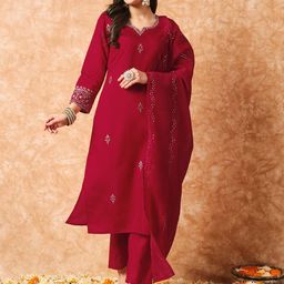 Navlik Ethnic Motifs Embroidered Notch Neck Straight  Kurta with Trousers & Dupatta-11