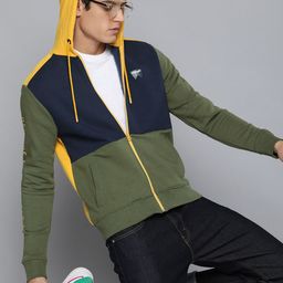 Wrangler Men Olive Green & Mustard Colourblocked Hooded Sweatshirt-image-60