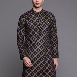 Indo Era Men Navy Blue & Golden Bandhani Printed Pure Cotton Kurta-image-90