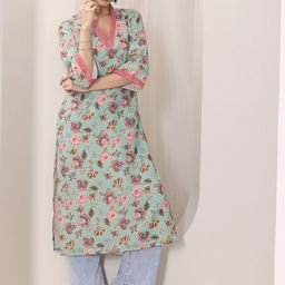 Libas Green Floral Printed V-Neck Sequinned Straight Kurtas-picture-16